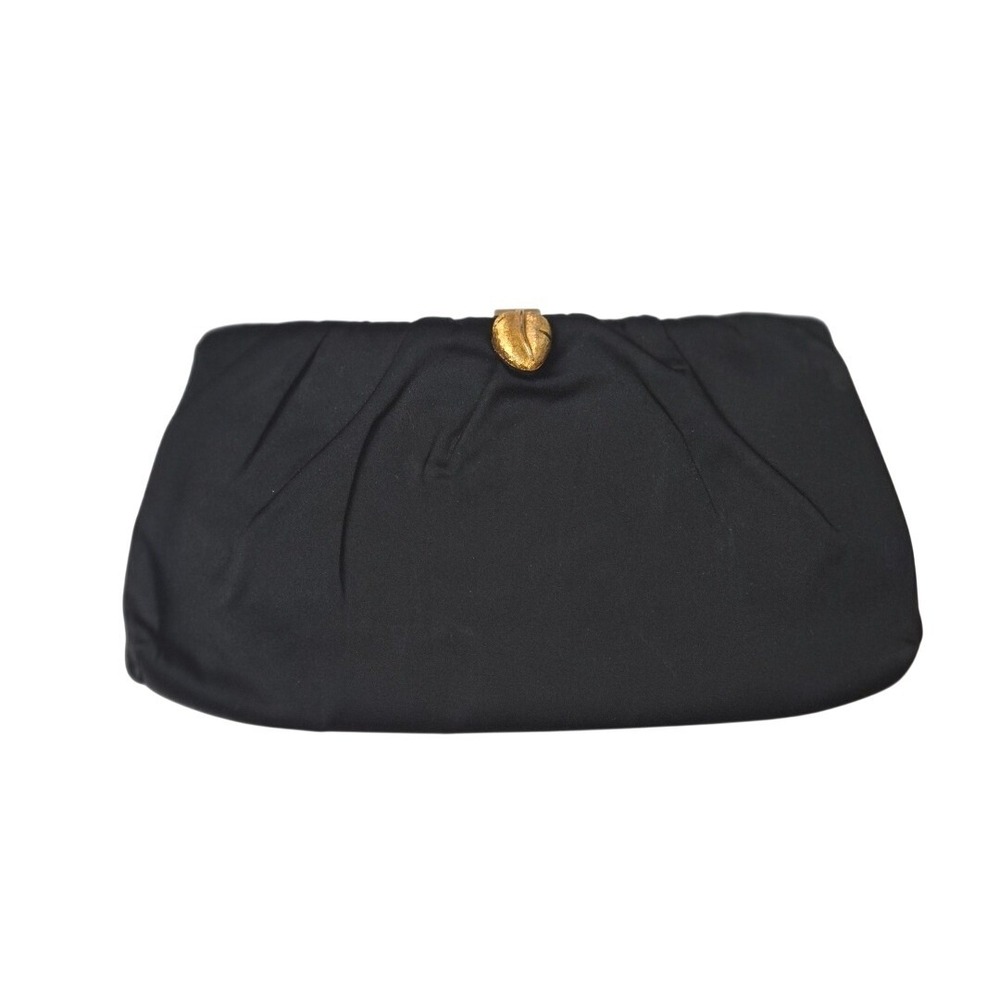 HL USA Vintage Black Satin Evening Clutch Gold Leaf Clasp Formal Bag